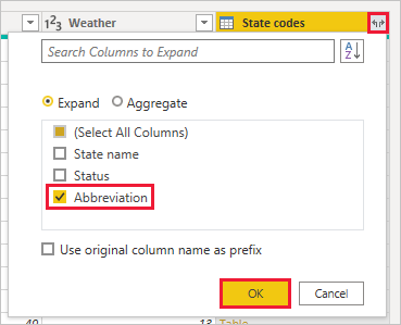 Screenshot of Power B I Desktop showing the State Codes Abbreviation column.