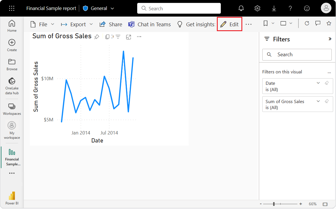 Screenshot that shows a visualization open in the report editor and the Edit option selected.