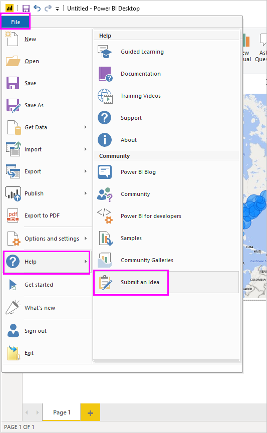 Screenshot of the Submit an idea menu item in Power BI Desktop.