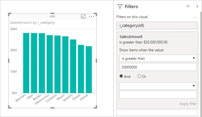 Screenshot showing showing measures that contain filters