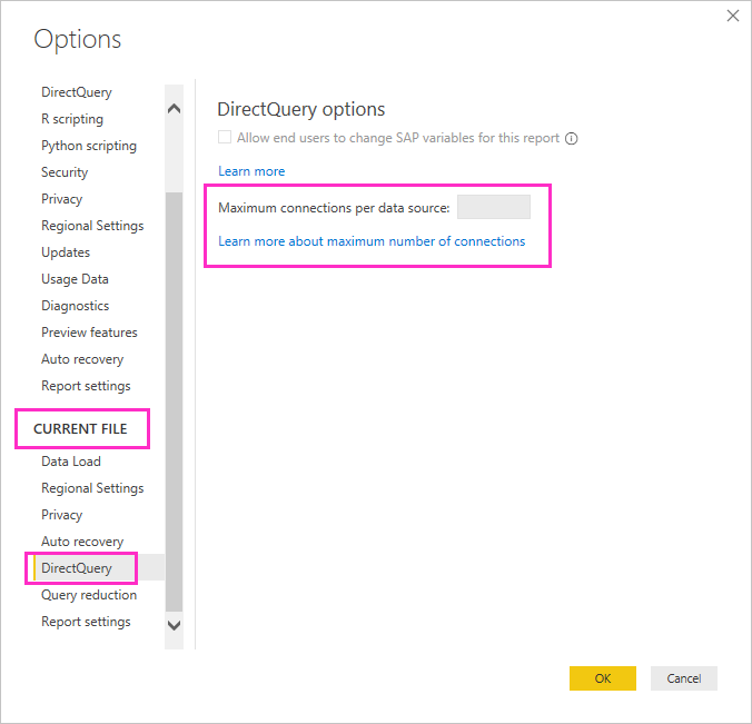 Screenshot that shows setting maximum DirectQuery connections.