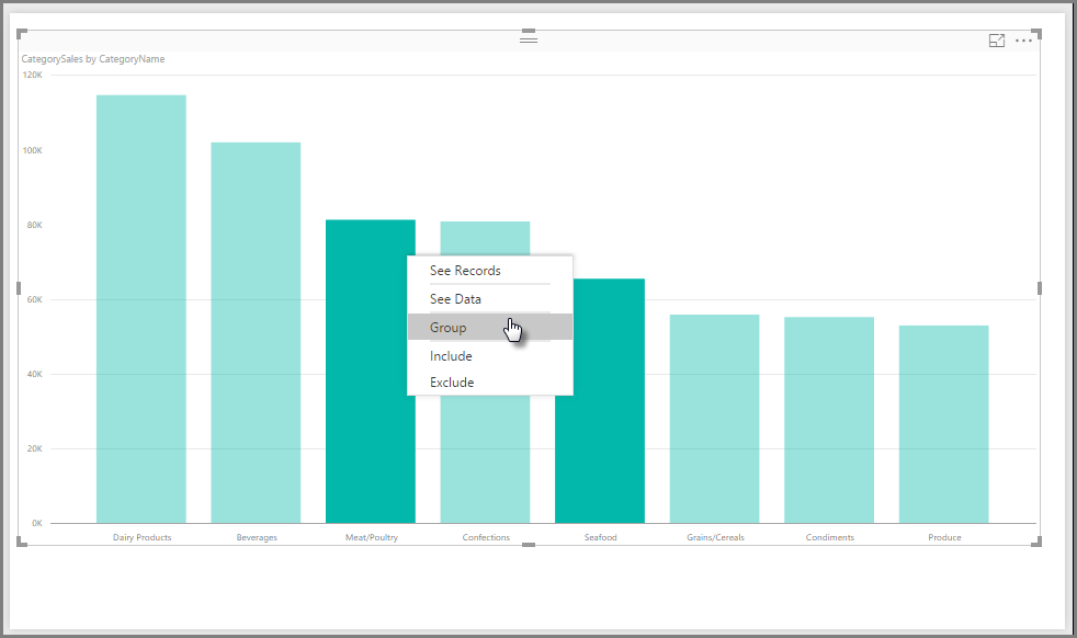 Screenshot of a sample bar graph, highlighting the Group data selection in the dropdown menu.