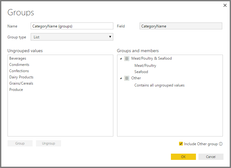 Screenshot of the Groups dialog box, showing example values added to the Groups and members section.