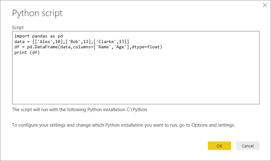 Screenshot that shows pasting the sample Python script into the Python script dialog box.