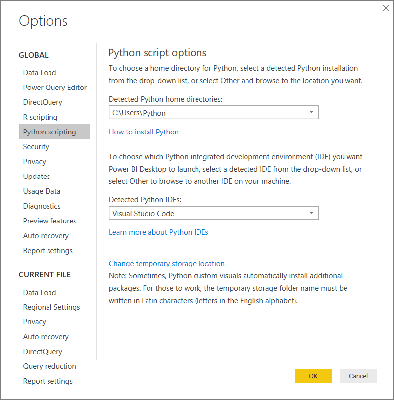Screenshot that shows the Python script options for Power BI Desktop.