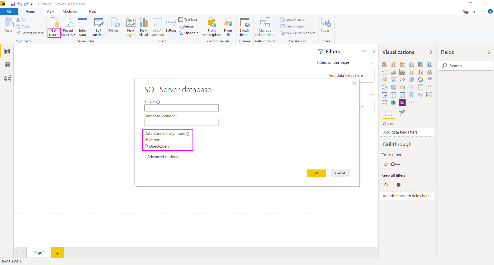 Import and DirectQuery options, SQL Server Database dialog, Power BI Desktop