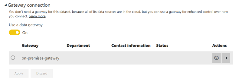 Screenshot of Power BI service's Gateway connection dialog.