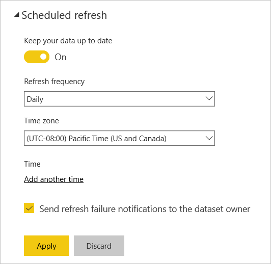 Screenshot of Power BI service's Scheduled refresh dialog.