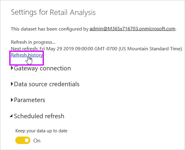 Screenshot shows the Semantic models Refresh history link to select.