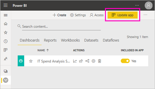 Screenshot that shows Update app on the workspace list page.