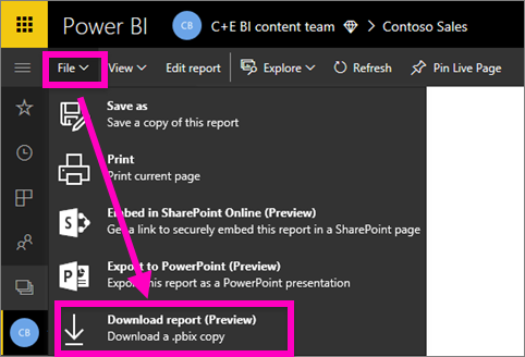 A screenshot of the file menu in the Power BI service, with the 'Download a PBIX file' option highlighted.