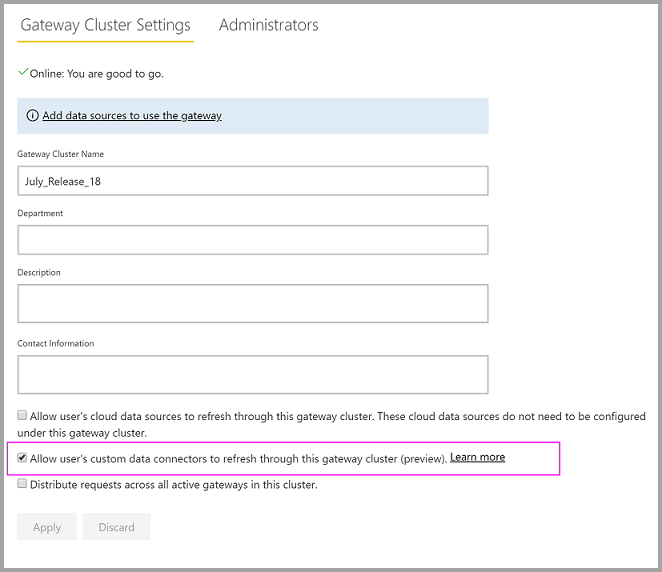 Screenshot that shows enabling custom connectors on the on-premises gateway Settings page.
