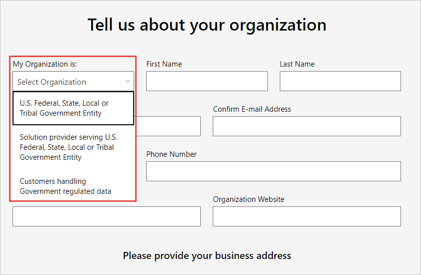 Screenshot showing a portion of the organization information form. The organization type menu is expanded, and the options are highlighted.