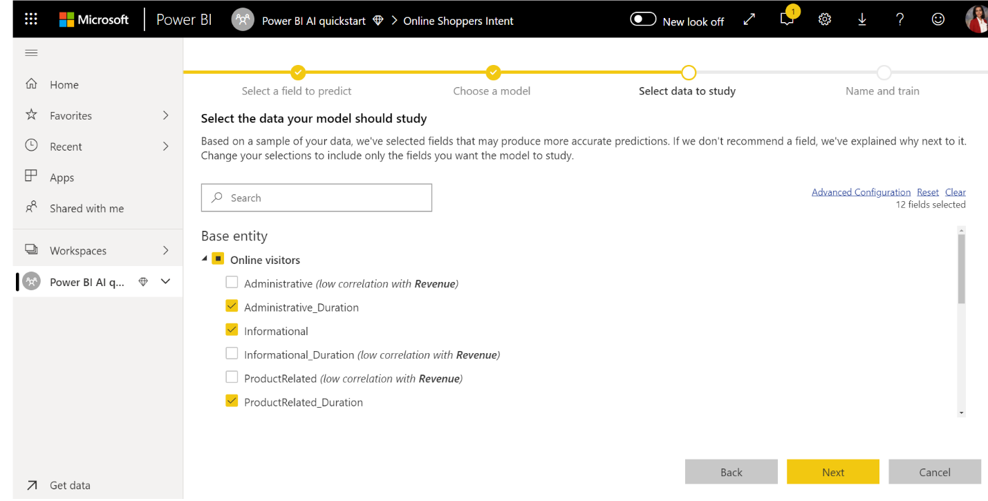 Screenshot of the Select data to study page.