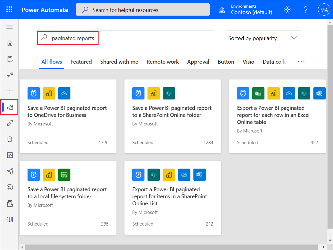 Screenshot of the Power Automate templates page showing the search field used to find paginated report templates.