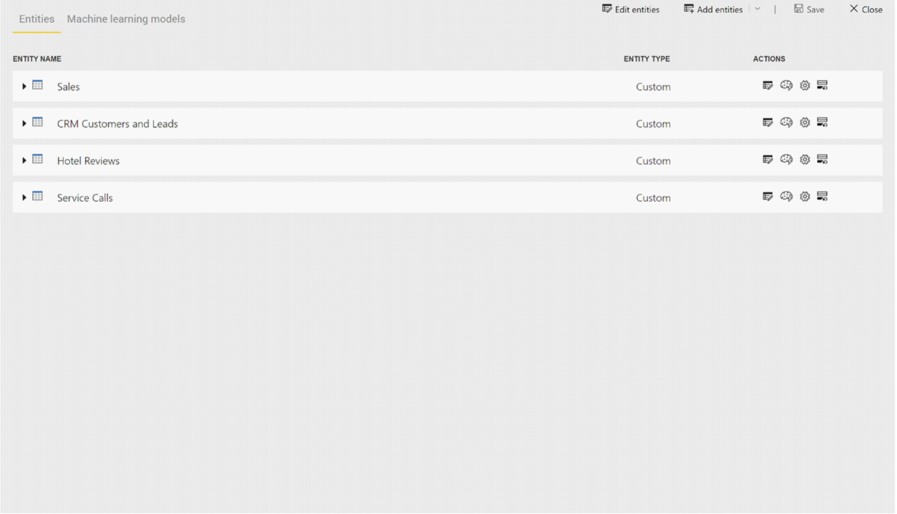 Screenshot of the entities list inside of a dataflow.