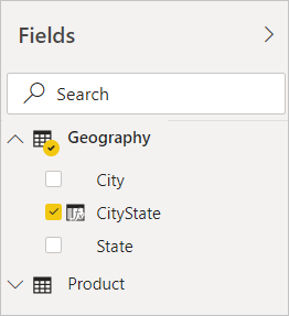 Screenshot of Power BI Desktop showing CityState checked in the Geography filter in the Fields view.