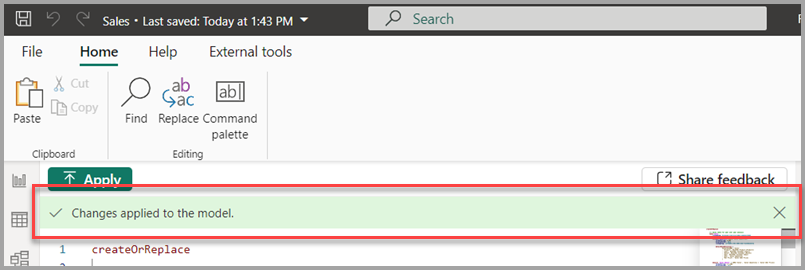 Screenshot of success banner in the code editor indicating changes were successfully applied.