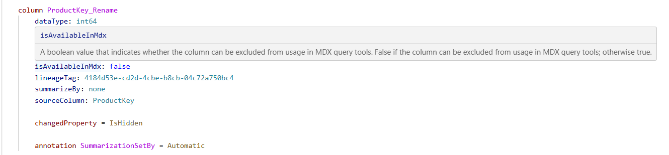 Screenshot of a context tooltip shown on mouse hover in the code editor, displaying information about a TMDL object or property.