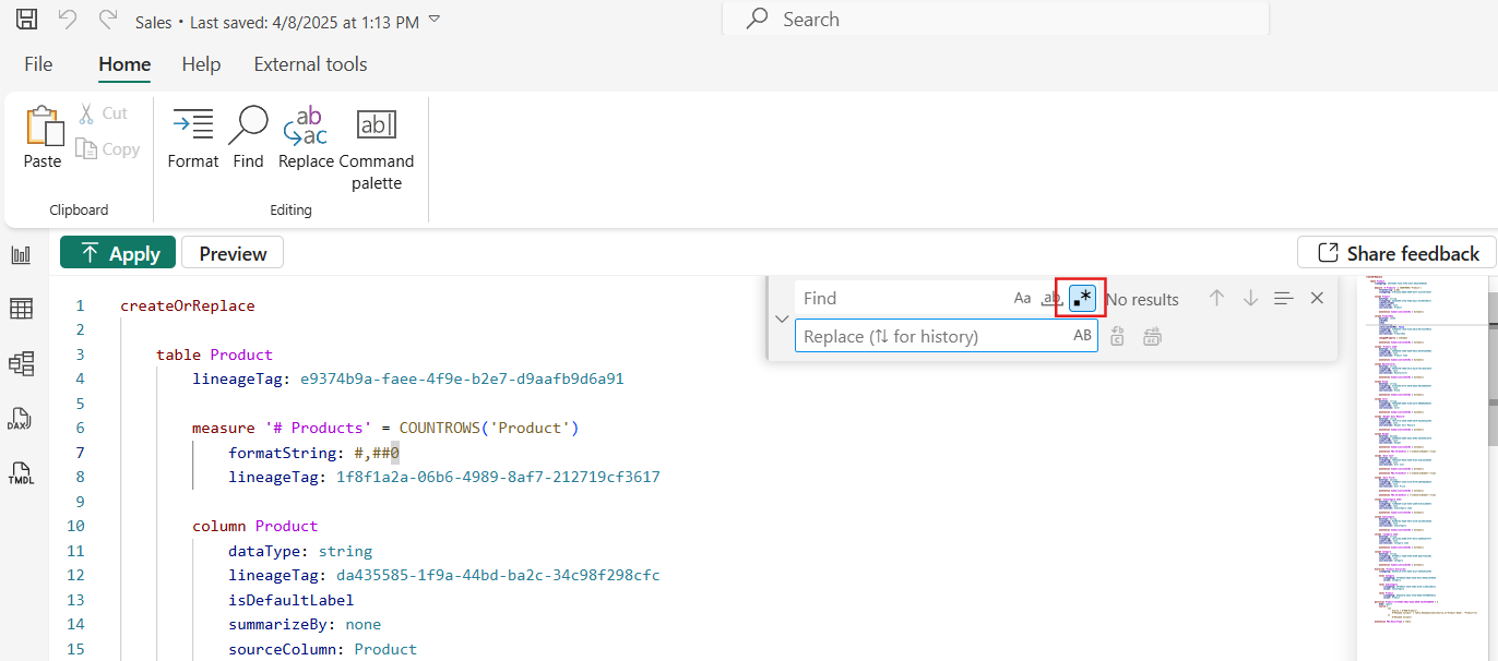Screenshot of the TMDL view in Power BI showing the Find and Replace feature in use. The Replace input is active with an option to toggle between Find and Replace modes, highlighted in the toolbar above the code editor.