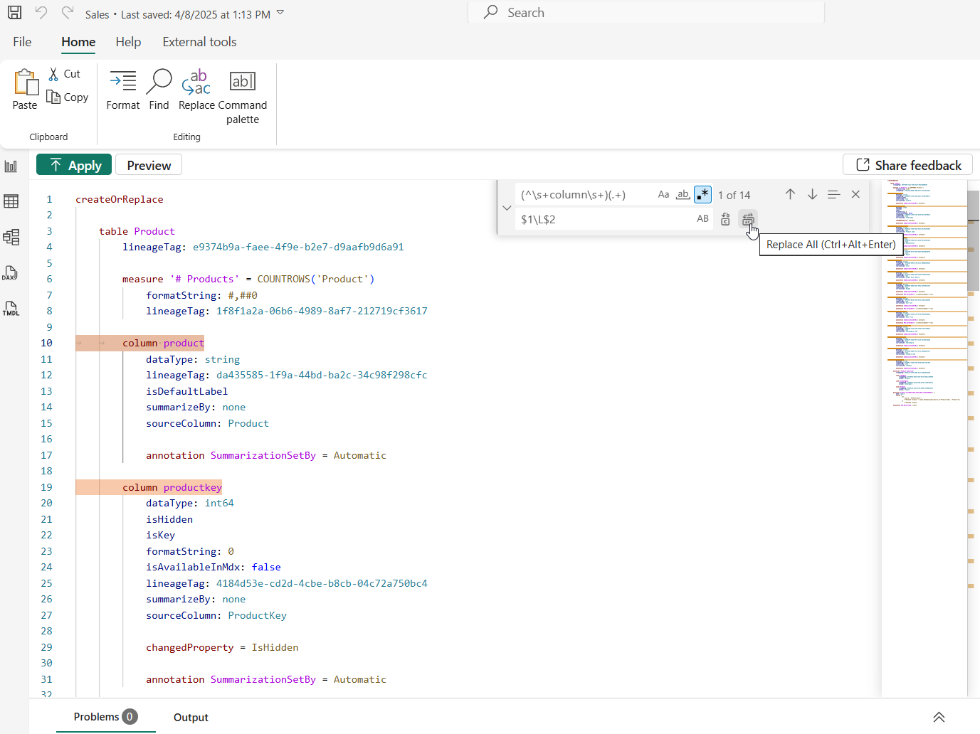 Screenshot of a Power BI data model configuration screen showing a Product table definition with two columns: product (string) and productkey (int64), along with their metadata properties.
