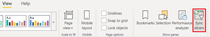 Screenshot of Sync slicers selection in Power BI Desktop.