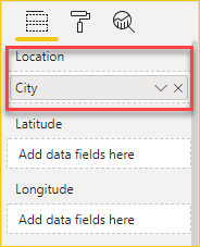 Screenshot shows the Visualizations pane with City data in the Locations field well.