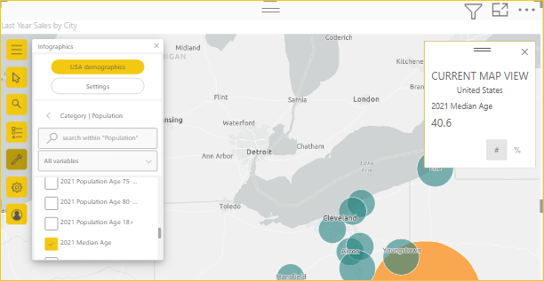 Screenshot shows a map with regional median age demographics.