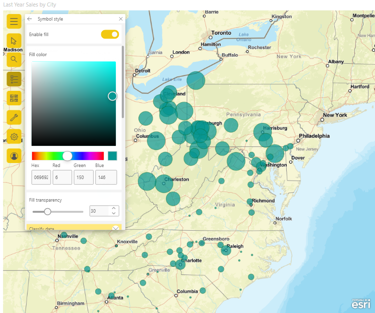 Screenshot shows map with updated symbol color, style, and transparency.