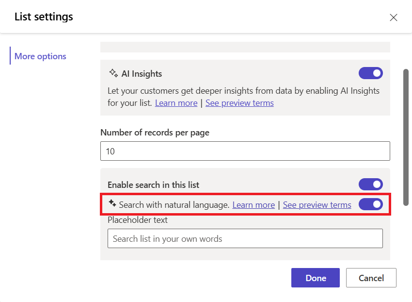 Screenshot of the list settings in the **More options** tab.
