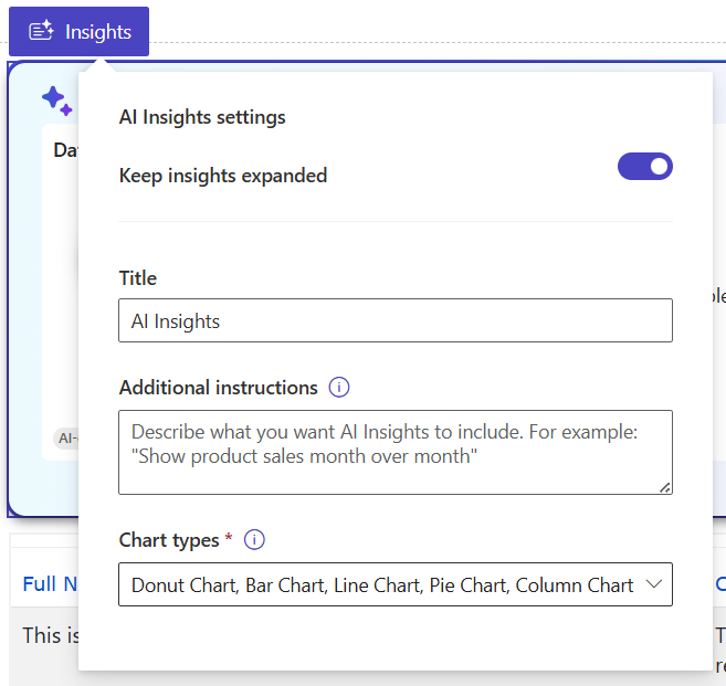 Screenshot that shows the AI insights settings from the **Insights** tab.