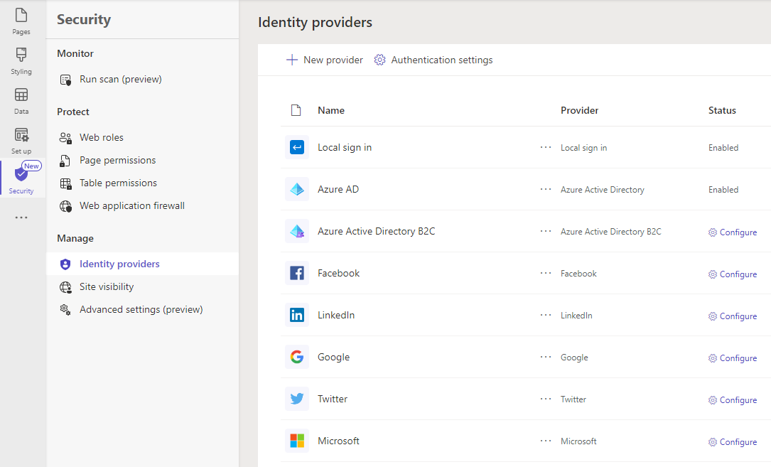 Screenshot of the identity providers list in a Power Pages site.