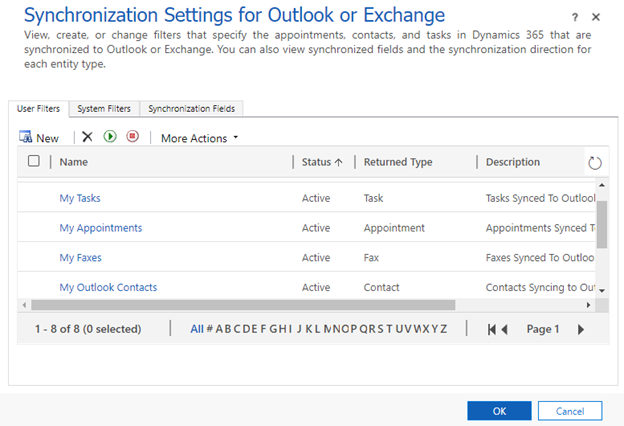 Screenshot showing the Synchronization Settings for Outlook or Exchange page.