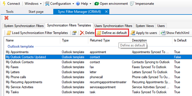 Screenshot showing My Outlook Contacts Updated selected, and the Define as default command highlighted on the command bar.