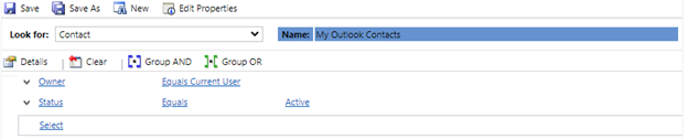 Screenshot showing My Outlook Contacts filter where Owner equals the current user and the Status equals Active.