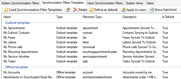 Screenshot of the Synchronization Filters Templates tab.