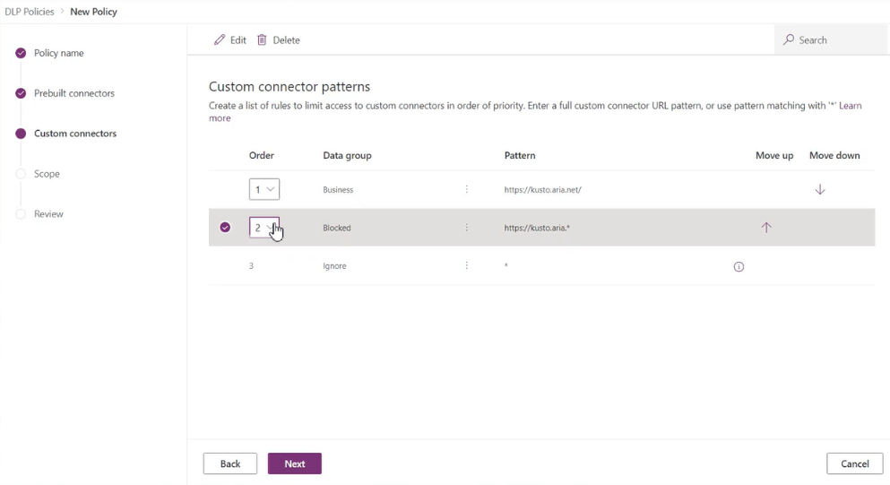 Update the order of the patterns by using the Order dropdown list or Move up and Move down.