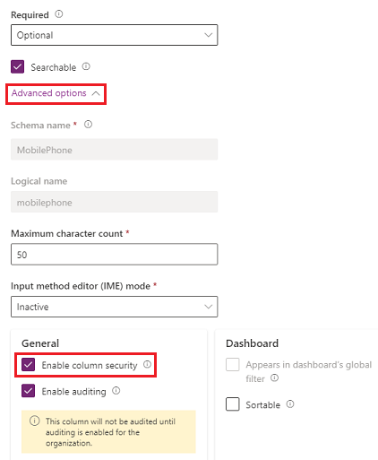 Expand Advanced options and enable column security.