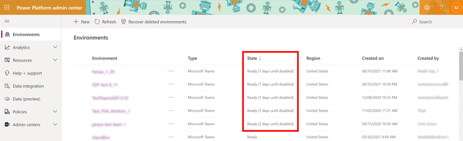 Screenshot of the Environments list page in Power Platform admin center, with the environment state column highlighted.