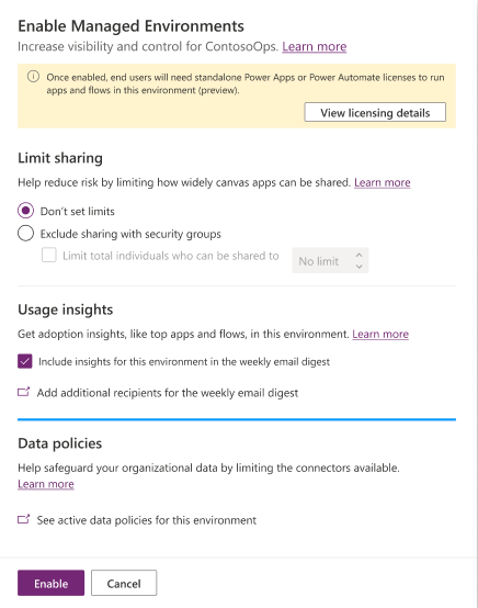 Screenshot of the Enable Managed Environments screen.