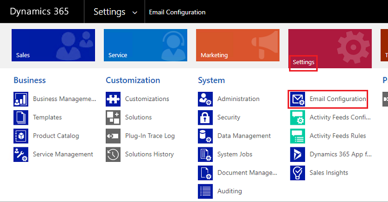 In on-premises version, select Settings > Email configuration.