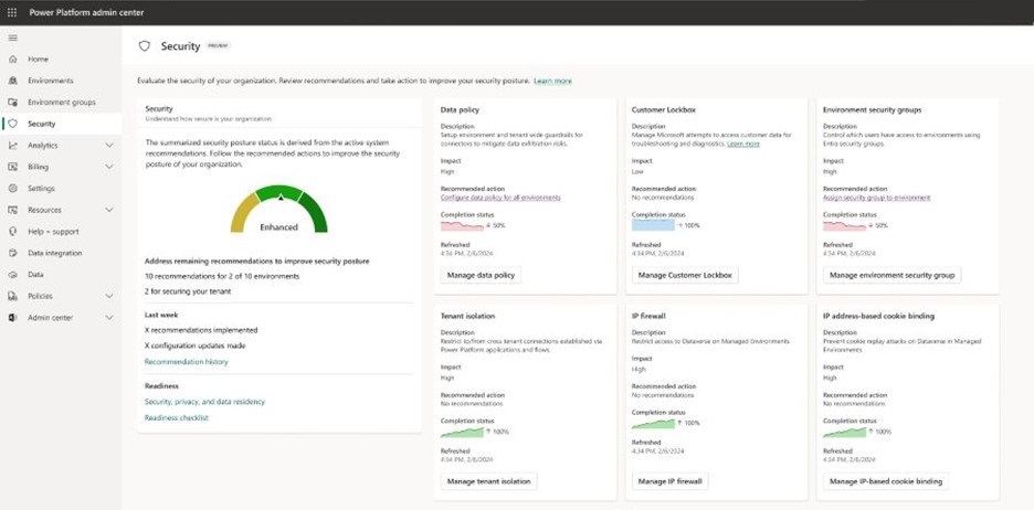 The Security Hub page with data.