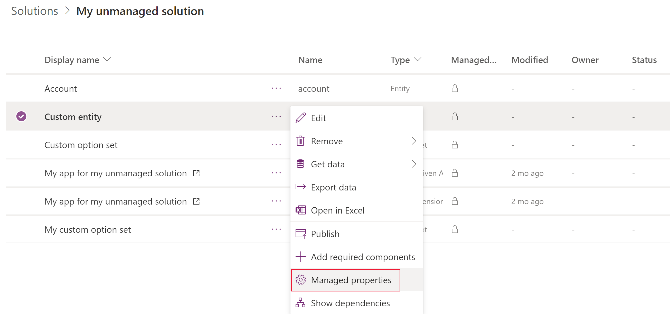 Entity managed properties command.