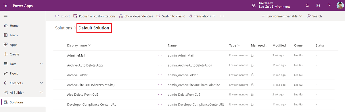 Open the Default Solution and filter to only show Environment Variables.