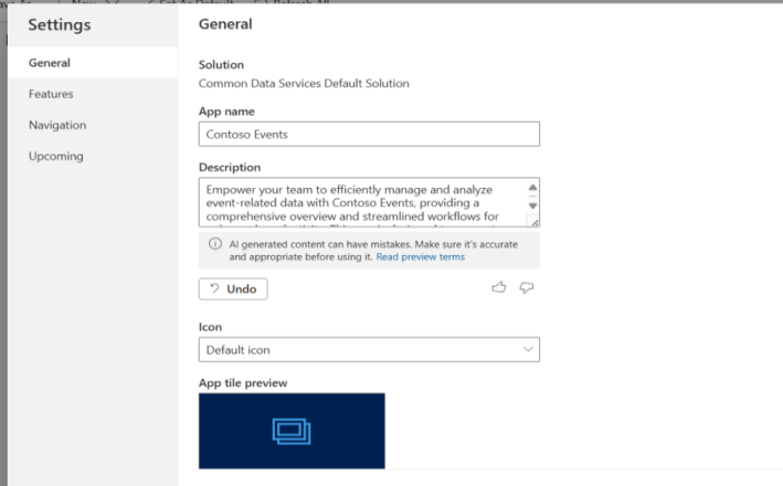 This image shows the App Settings of a model-driven app, with an AI-generated description field. This image shows the App Settings of a model-driven app, with an AI-generated description field.