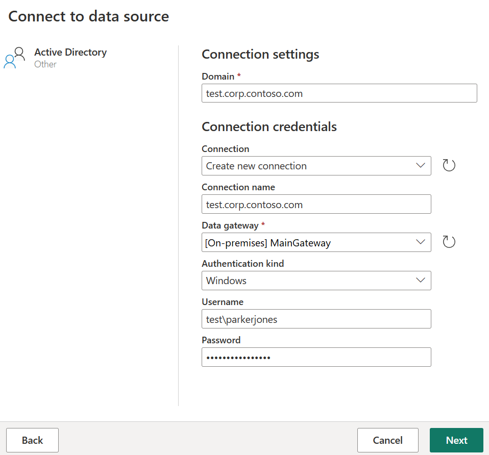 Screenshot of the Connect to data source page, showing a domain added, using a new connection, a data gateway selected, and a username and password provided.