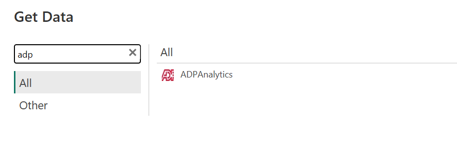 Screenshot of the Get Data dialog with ADP Analytics emphasized.