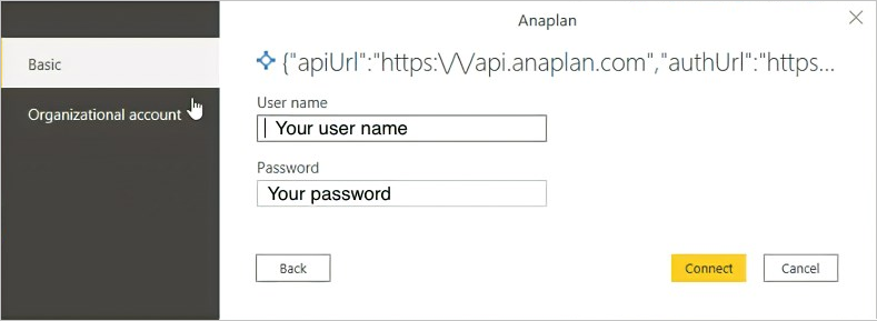 Screenshot of the Anaplan Connect dialog where you enter your User name and Password.