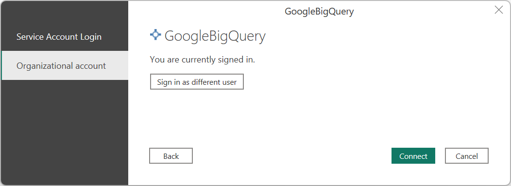 Screenshot of the authentication dialog where you connect to Google BigQuery data.