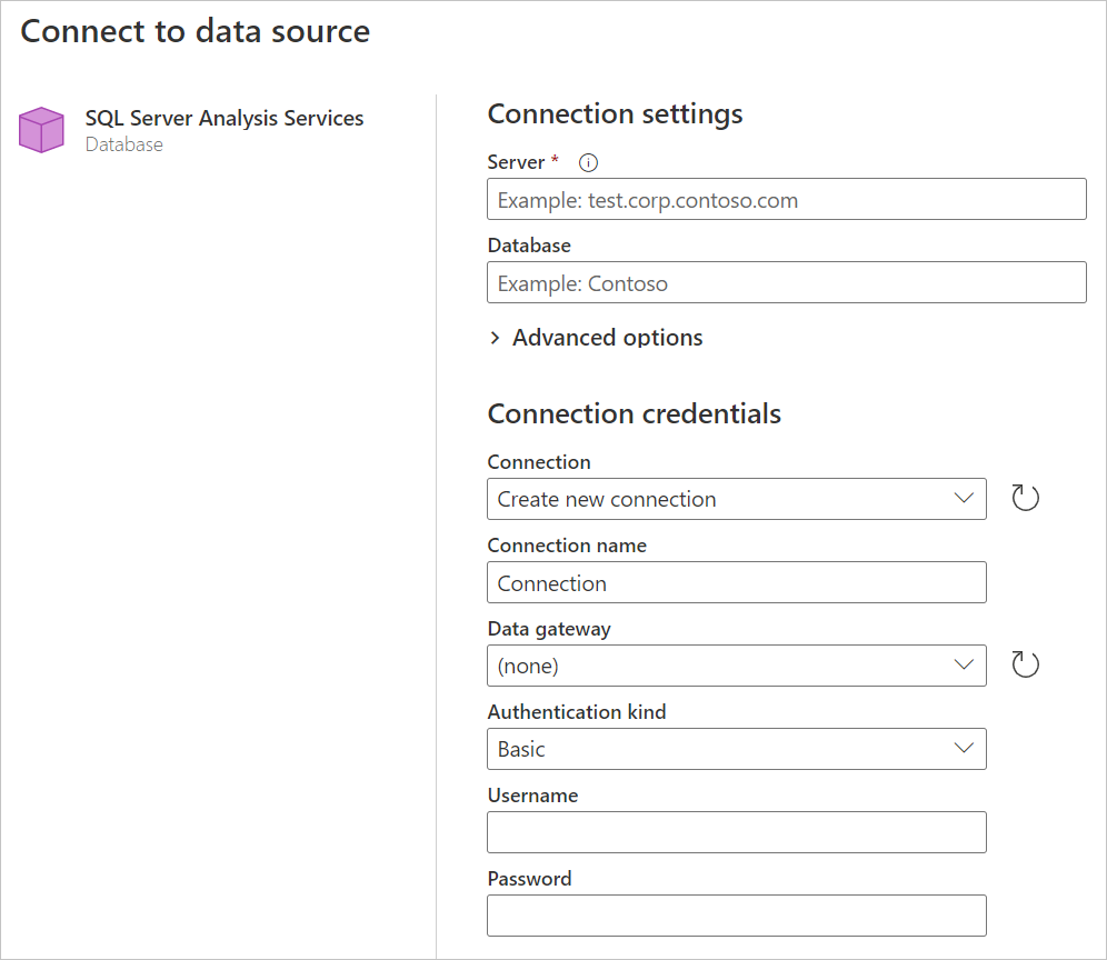 Screenshot of SQL Server Analysis Services database connection builder in Power Query Online.